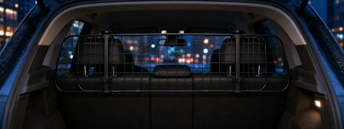 TA108 headrest mesh pet barrier installed in an urban hatchback