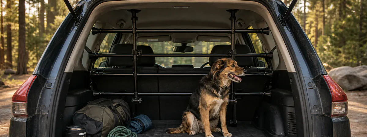 TA109 four-bar pet barrier installed in an outdoor adventure SUV