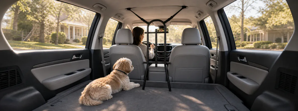 TA101 universal pet barrier installed inside a family SUV